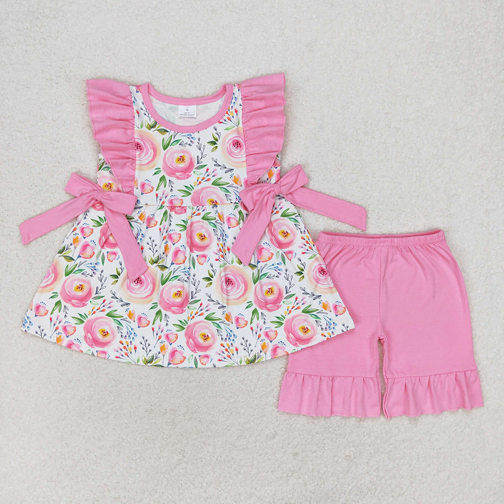 Baby Girls Pink Rose Flowers Ruffle Bows Tunic Shorts Clothes Sets