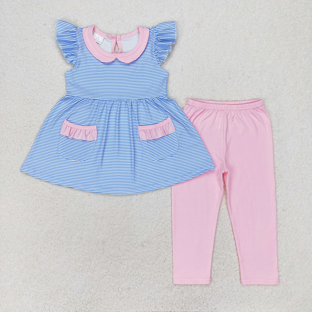 Baby Girls Blue Stripes Tunic Pockets Top Pink Legging Clothes Sets