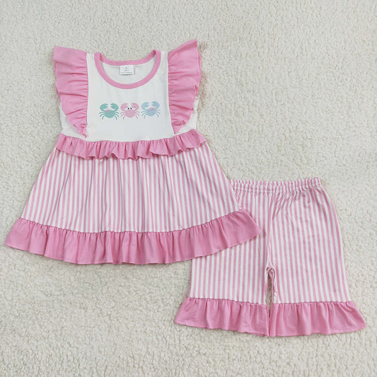 Baby Girls Crabs Pink Stripes Tunic Ruffle Shorts Clothes Sets