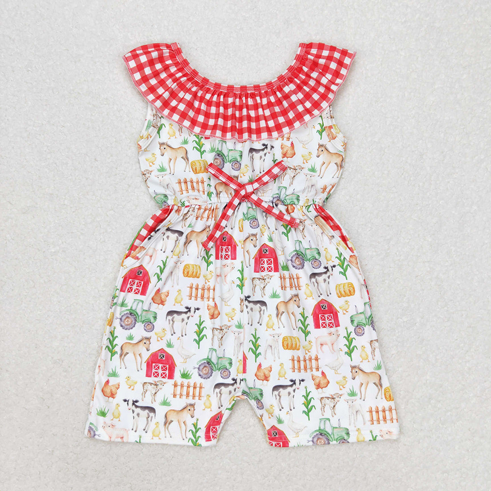 Baby Girls Red Farm Checkered Summer Pockets Shorts Jumpsuits