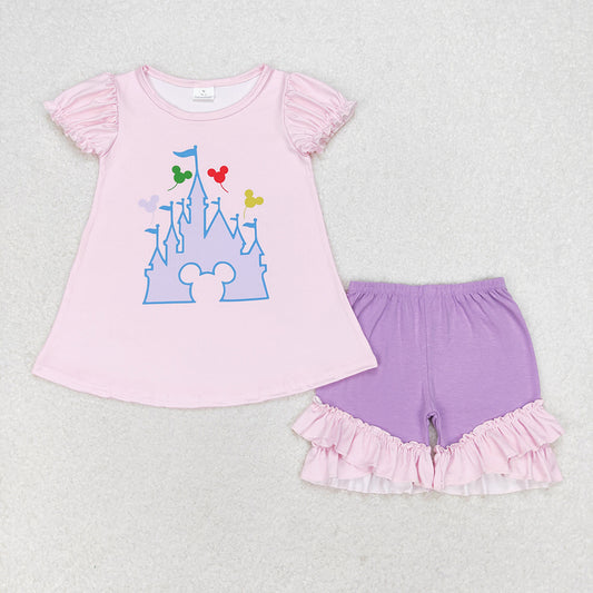 Baby Girls Pink Castle Tunic Ruffle Shorts Clothes Sets