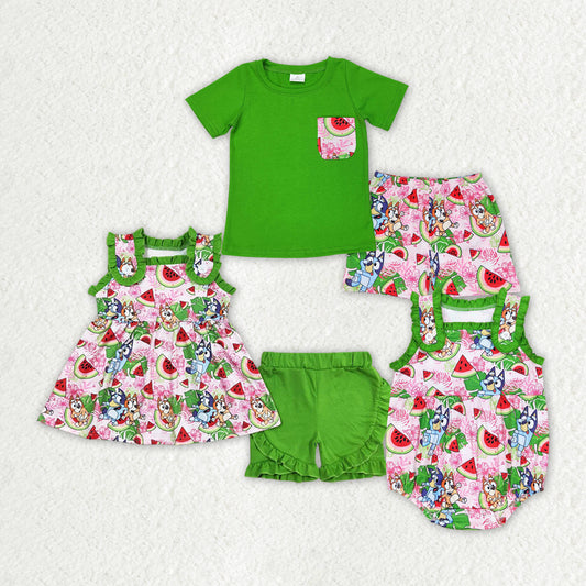 Baby Girls Watermelon Dogs Sibling Brother Rompers Clothes Sets