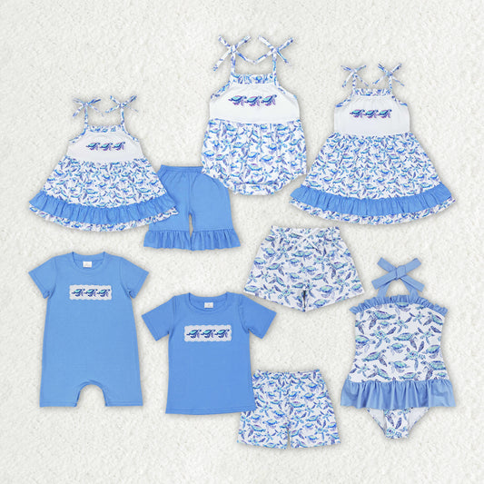 Baby Girls Boys Sibling Turtles Top Blue Summer Clothes Sets