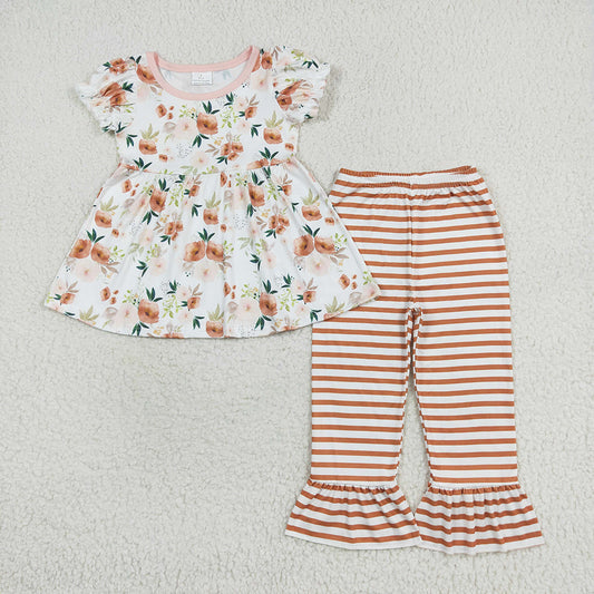 Baby Girls Orange Flowers Tunic Stripes Pants Clothes Sets