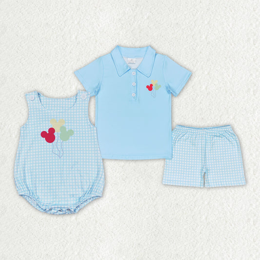 Baby Boys Blue Mouse Balloons Sibling Brother Rompers Clothes Sets