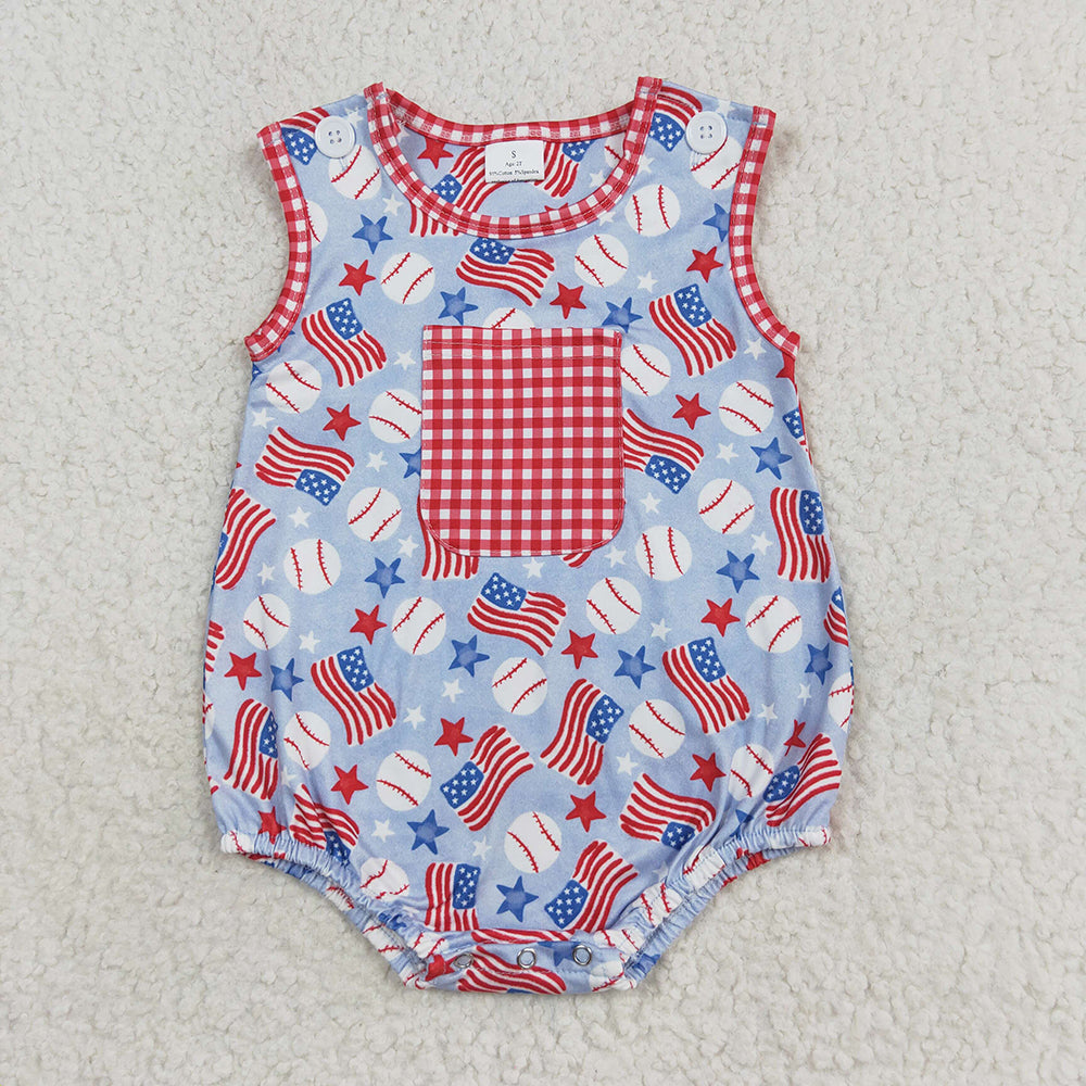 Baby Boys Baseball Flags 4th Of July Summer Rompers