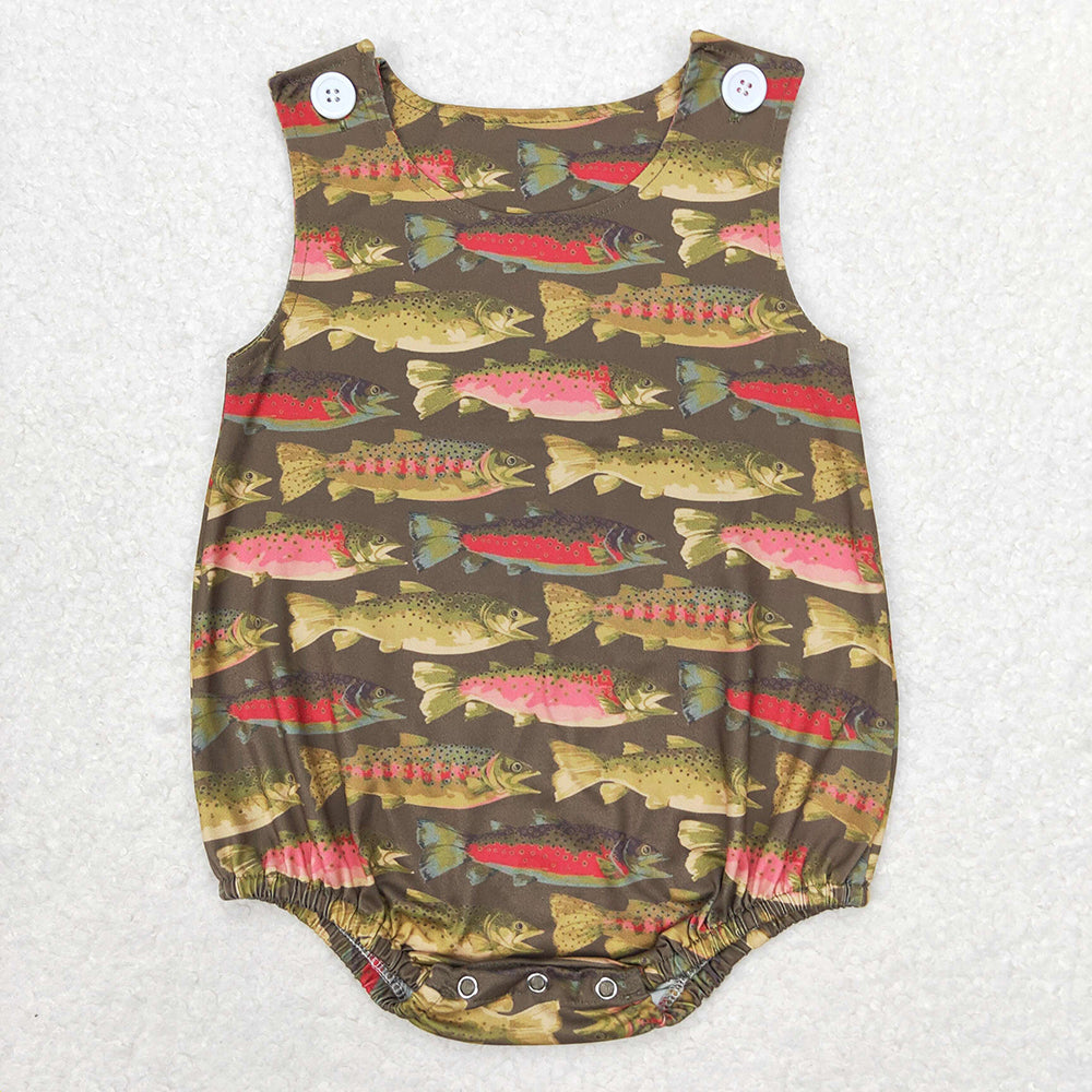 Baby Infant Boys Dark Green Fish Summer Sleeveless Rompers