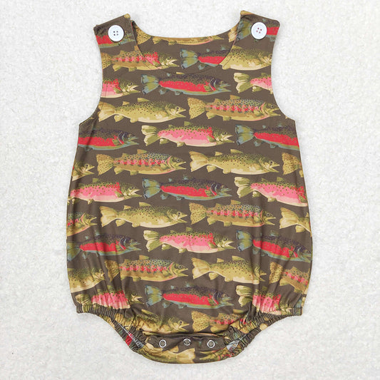 Baby Infant Boys Dark Green Fish Summer Sleeveless Rompers