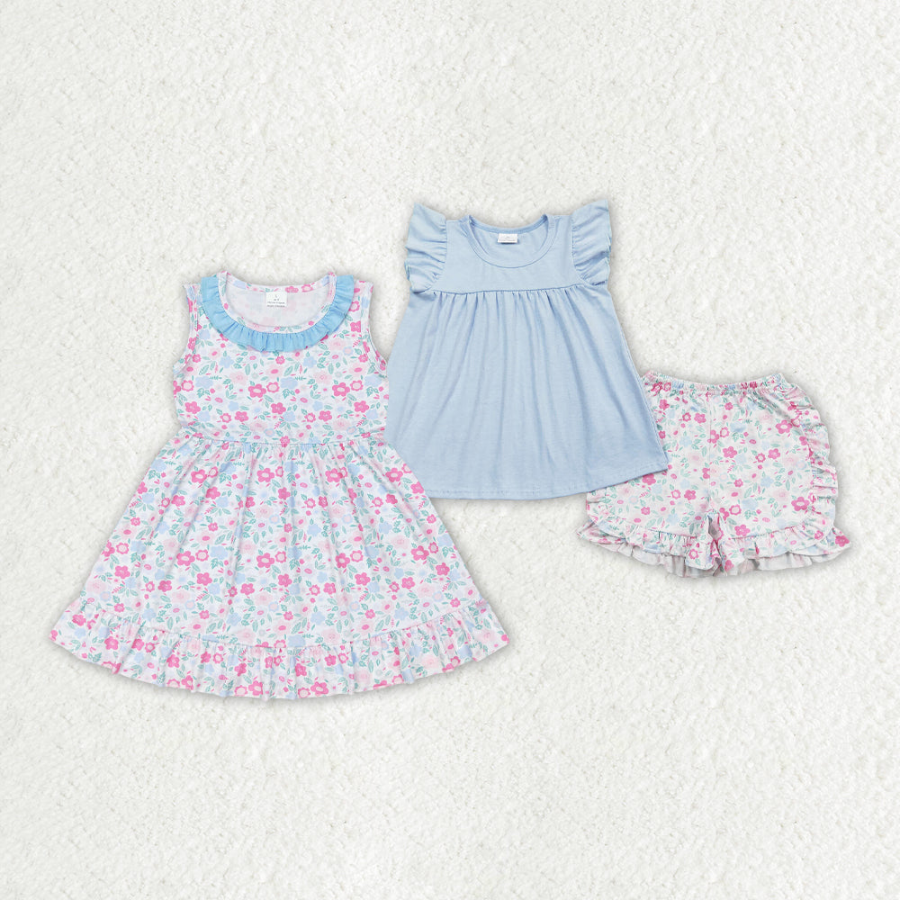 Baby Girls Blue Ruffle Sibling Sister Dresses Floral Shorts Clothes Sets