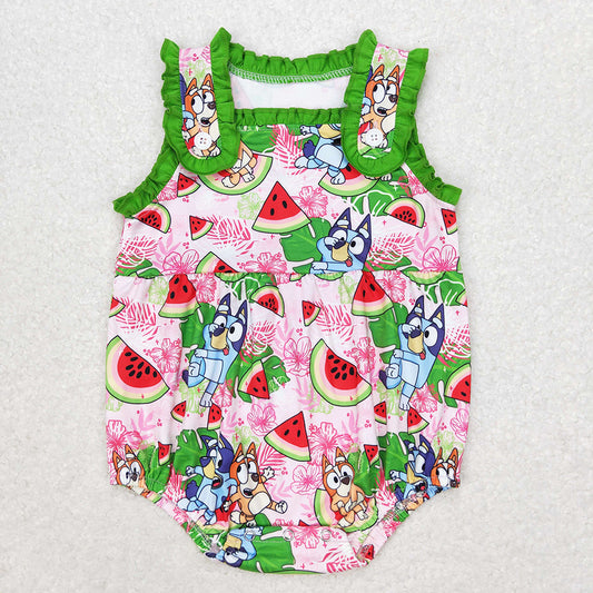 Baby Girls Summer Dogs Watermelon Ruffles Rompers