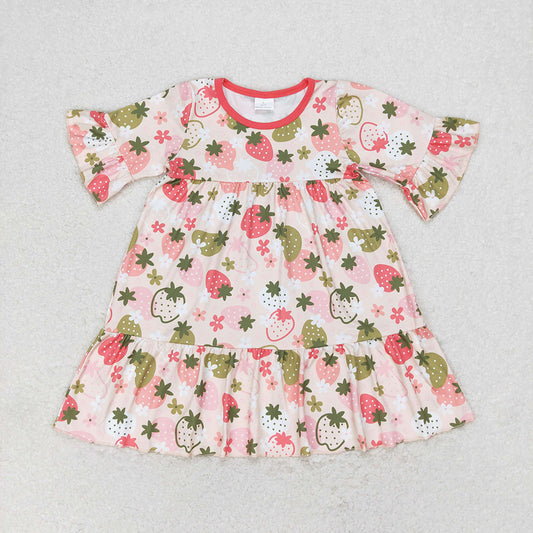 Baby Girls Short Sleeve Strawberry Ruffle Knee Length Dresses