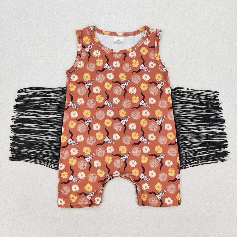 Baby Infant Girls Fringe Western Cow Flowers Sleeveless Rompers