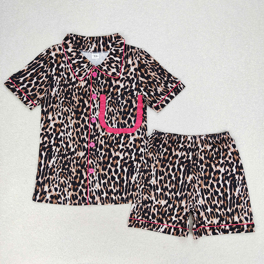 Mommy and Me Leopard Pockets Shirts Ruffle Shorts Pajamas Clothes Sets