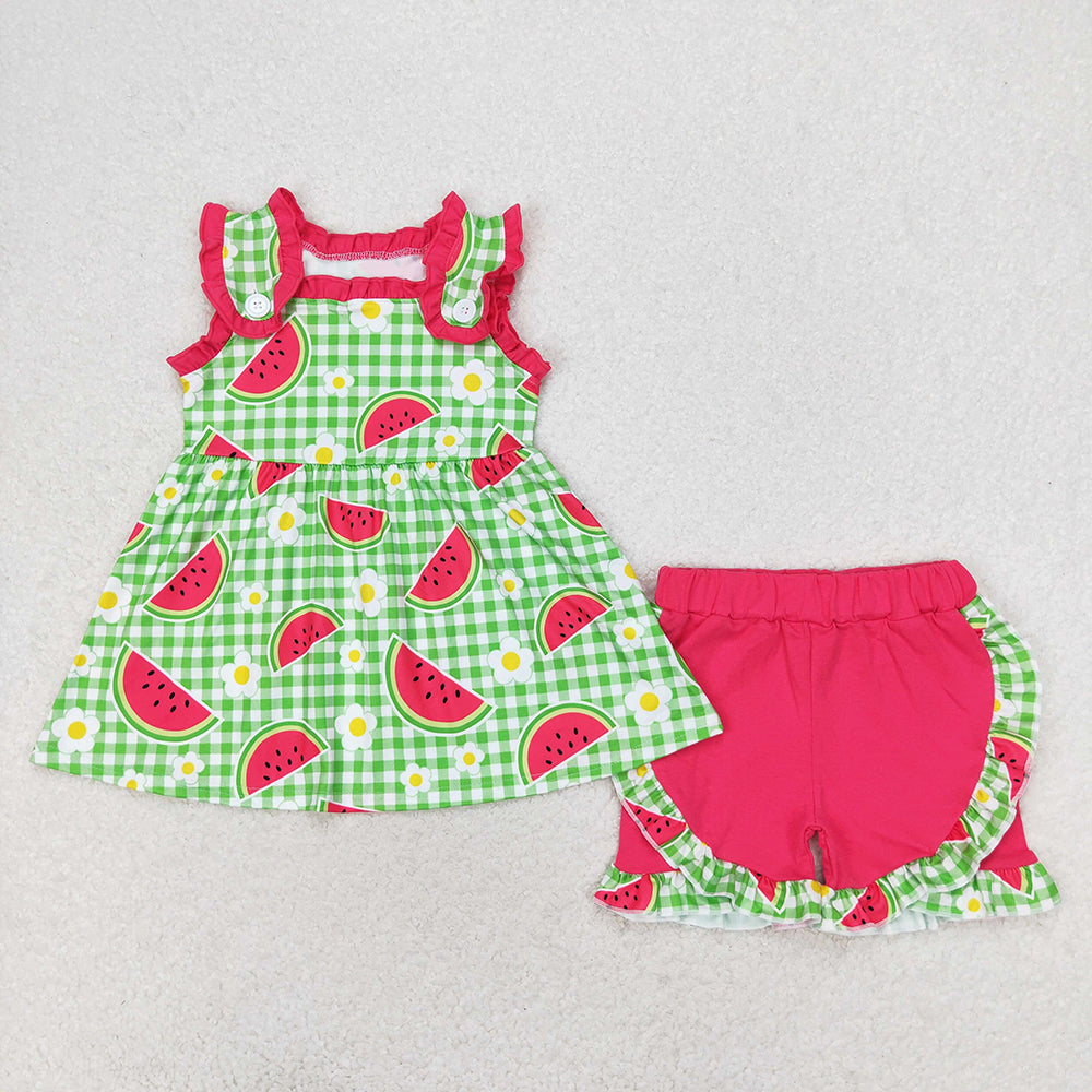 Baby Girls Green Checkered Watermelon Tunic Top Ruffle Shorts Clothes Sets