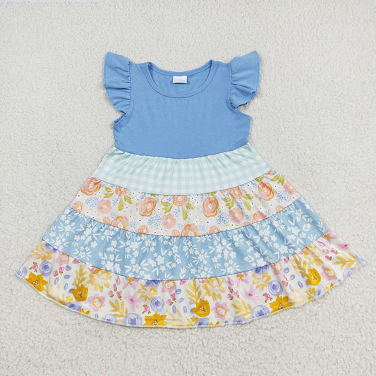 Baby Girls Blue Flutter Sleeve Flowers Knee Length Dresses