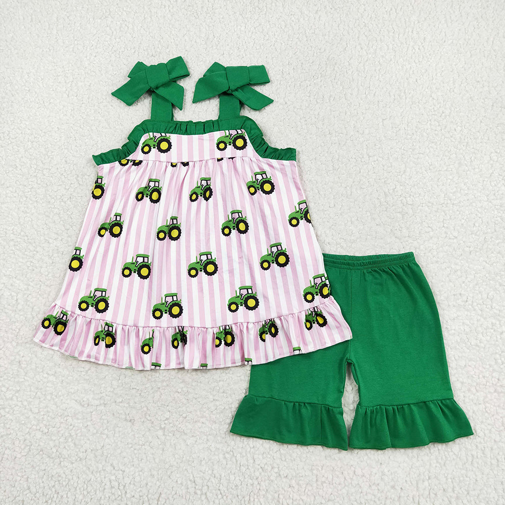 Baby Girls Pink Stripes Tractors Tunic Ruffle Shorts Clothes Sets