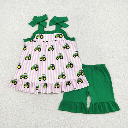 Baby Girls Pink Stripes Tractors Tunic Ruffle Shorts Clothes Sets
