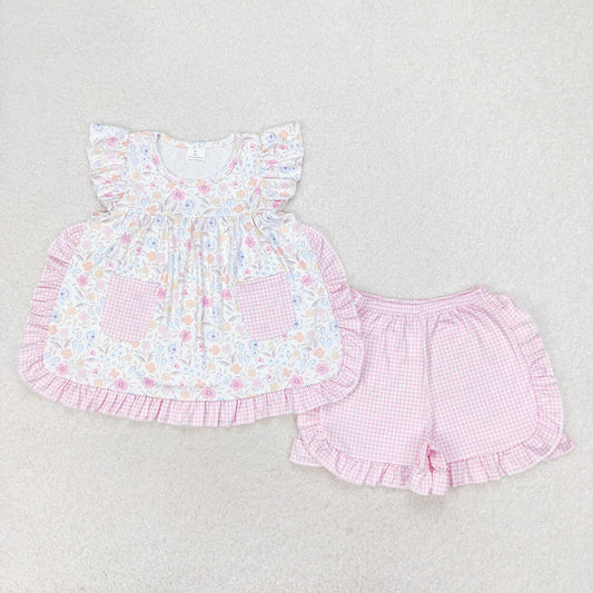 Baby Girls Pink Flowers Pockets Tunic Top Ruffle Shorts Clothes Sets