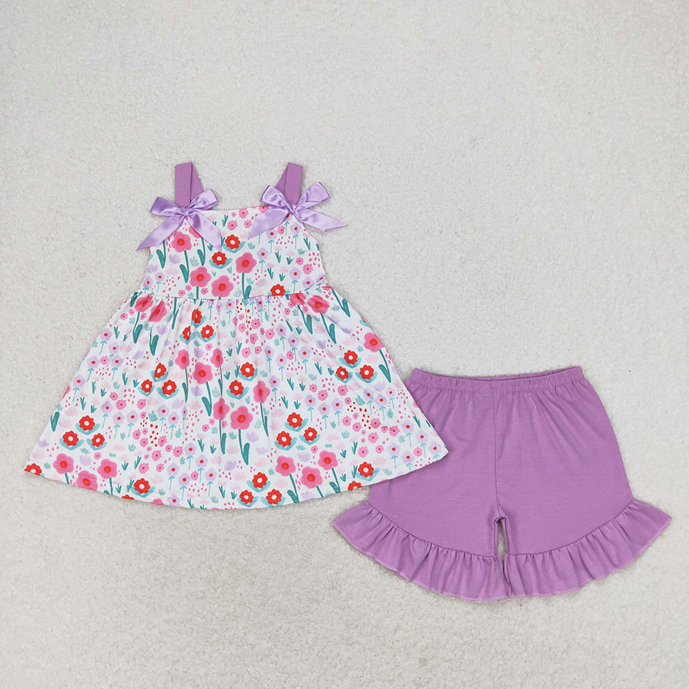 Baby Girls Pink Tulip Flowers Bows Tunic Shorts Clothes Sets