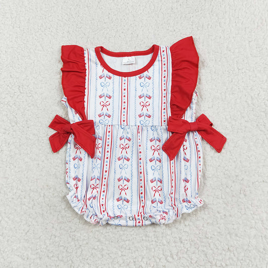 Baby Infant Girls Red Bows Flag Ruffle 4th Of July Rompers