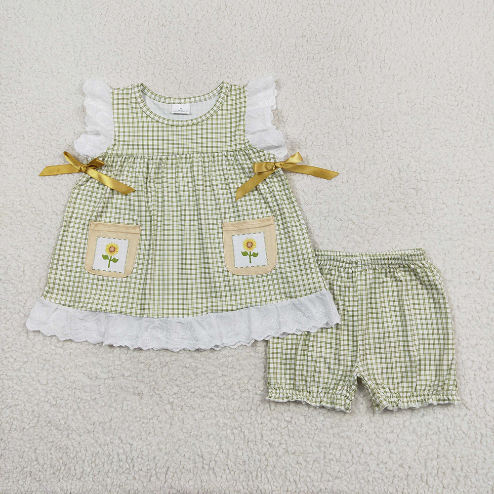 Baby Girls Green Checkered Flowers Pocket Tunic Shorts Clothes Sets