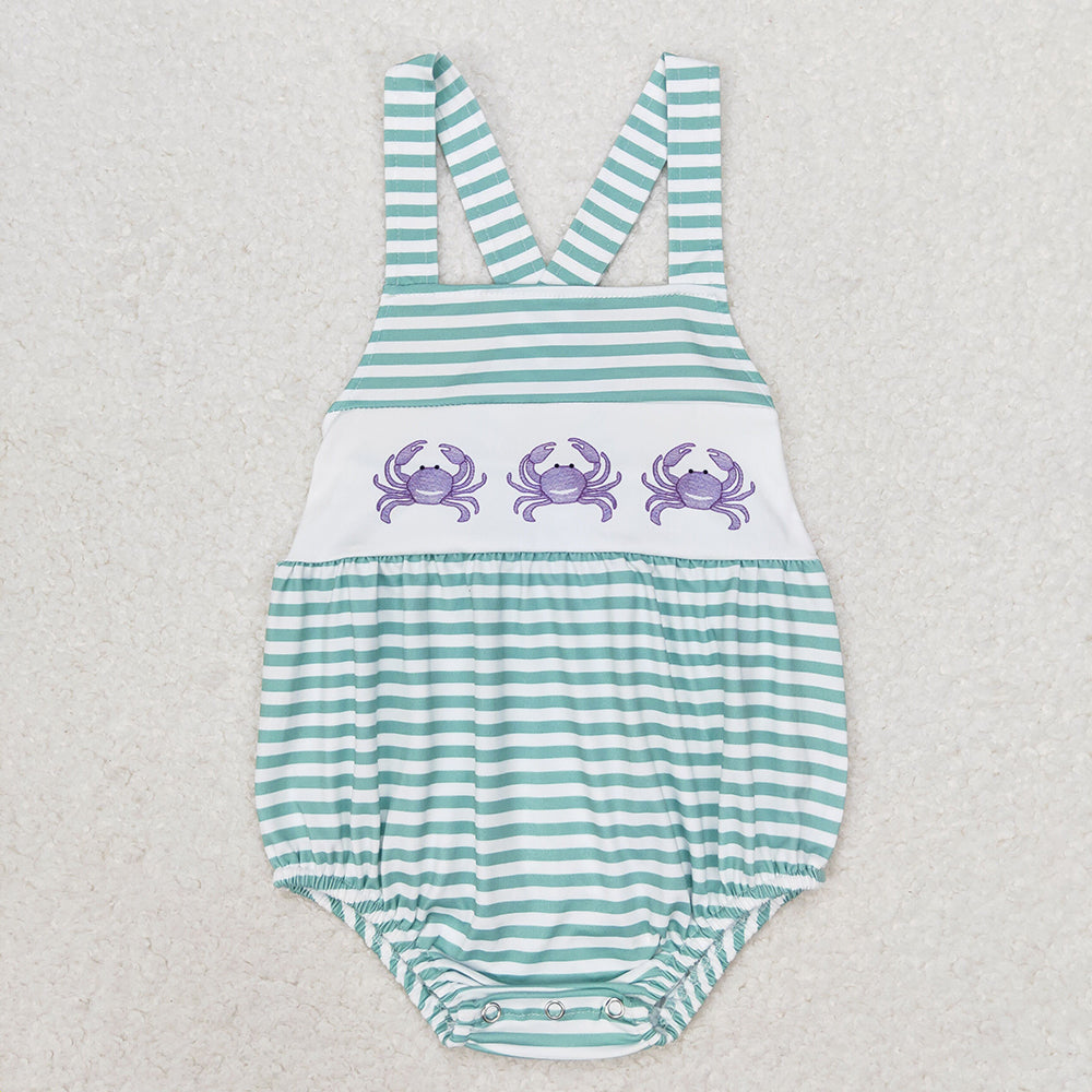 Baby Infant Boys Green Stripes Crabs Straps Rompers