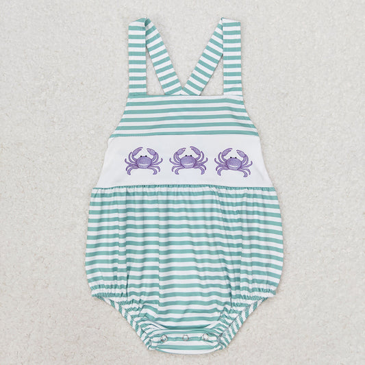 Baby Infant Boys Green Stripes Crabs Straps Rompers