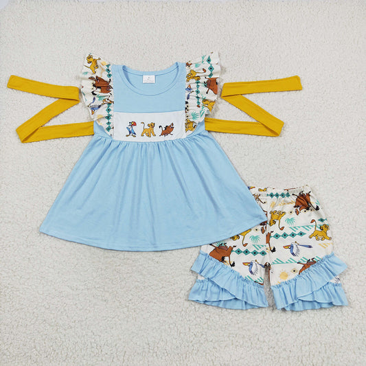 Baby Girls Lion Cartoon Belt Tunic Ruffle Shorts Clothes Sets