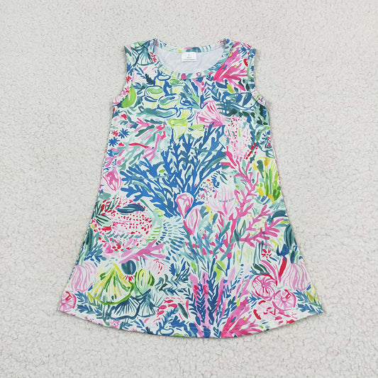 Baby Girls Blue Pink Leaves Flowers Sleeveless Knee Length Dresses