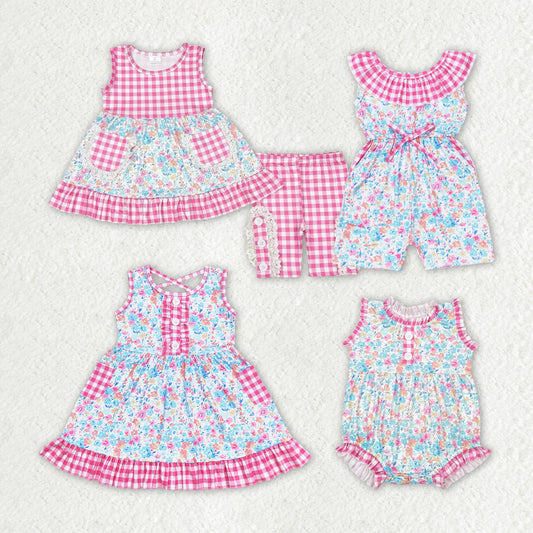 Baby Girls Pink Checkered Floral Summer Sibling Rompers Clothes Sets