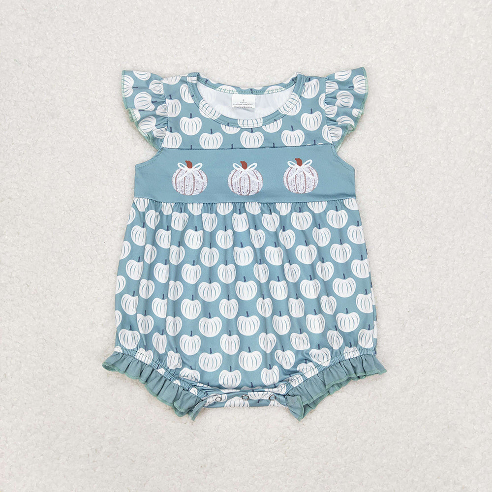 Baby Infant Girls Fall Pumpkin Green Flutter Sleeve Rompers