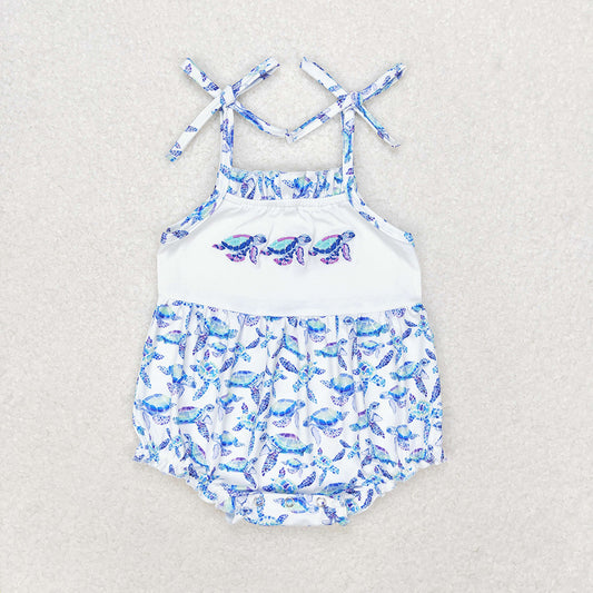 Baby Girls Blue Turtles Summer Straps Rompers