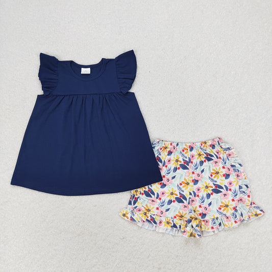 Baby Girls Navy Flutter Sleeve Tunic Top Floral Ruffle Shorts Clothes Sets
