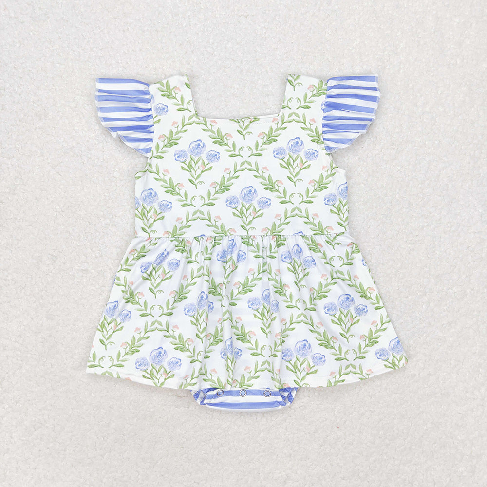 Baby Infant Girls Blue Green Flowers Flutter Sleeve Rompers