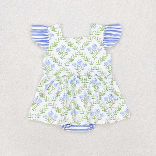 Baby Infant Girls Blue Green Flowers Flutter Sleeve Rompers