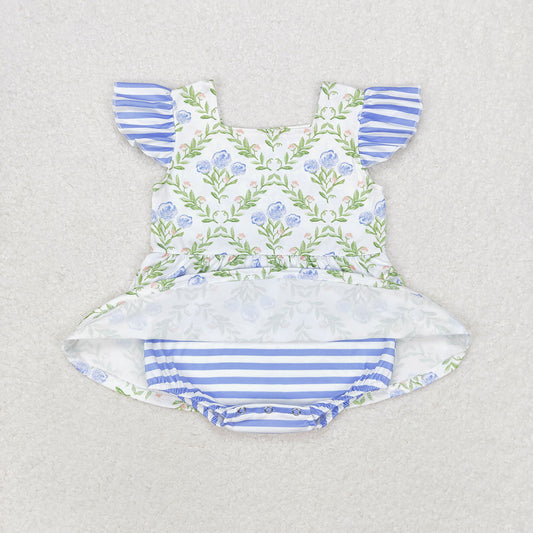 Baby Infant Girls Blue Green Flowers Flutter Sleeve Rompers