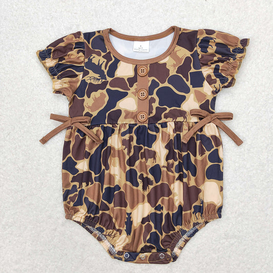 Baby Infant Girls Brown Camo Bows Short Sleeve Rompers