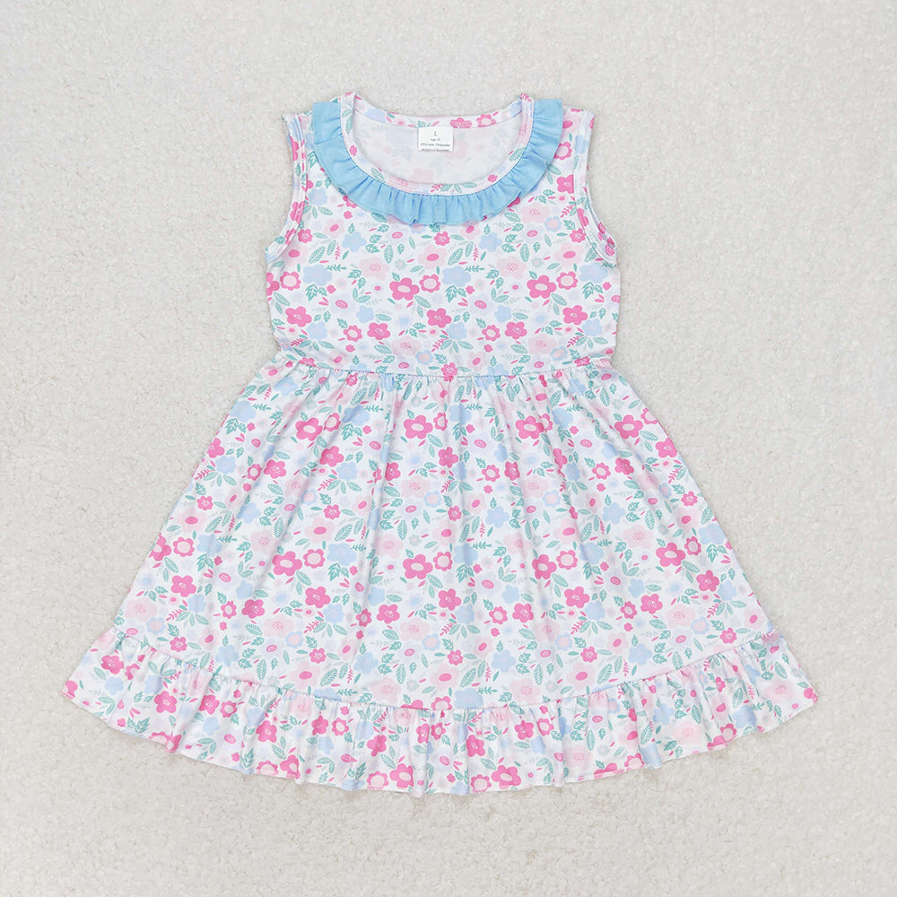 Baby Girls Blue Pink Flowers Sleeveless Knee Length Dresses