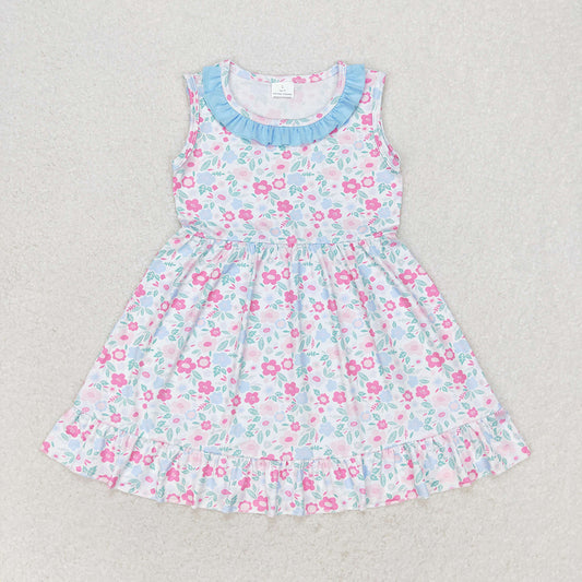 Baby Girls Blue Pink Flowers Sleeveless Knee Length Dresses