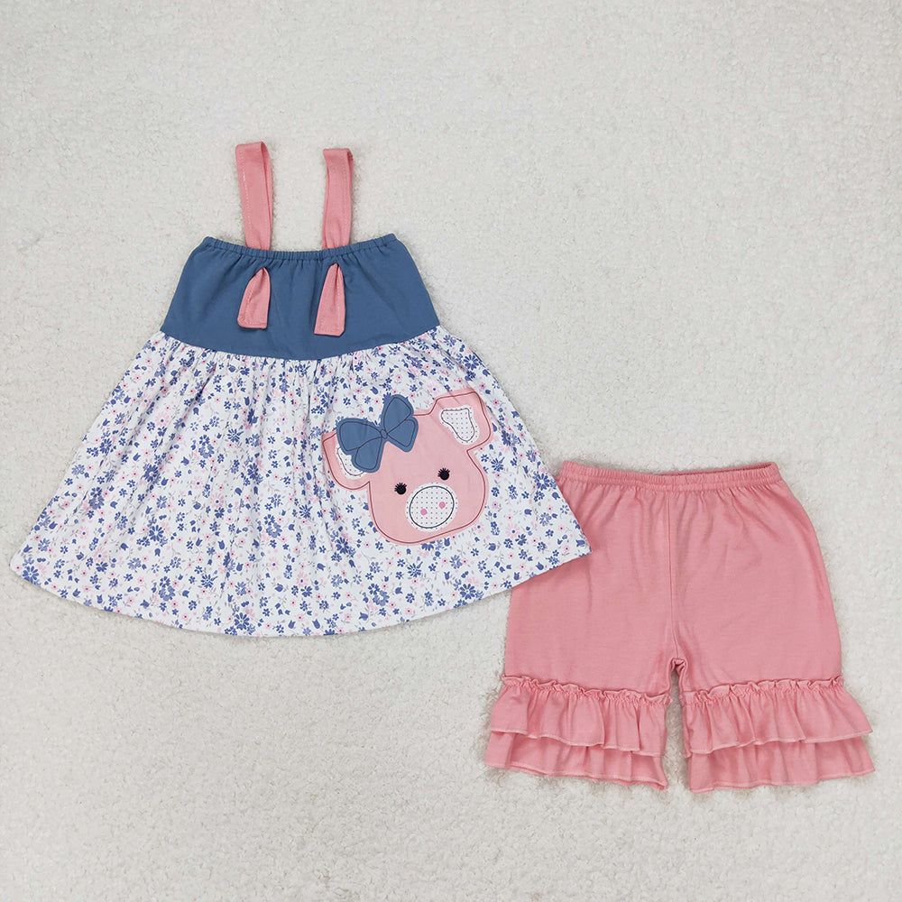 Baby Girls Pink Straps Pig Tunic Top Ruffle Shorts Outfits Sets