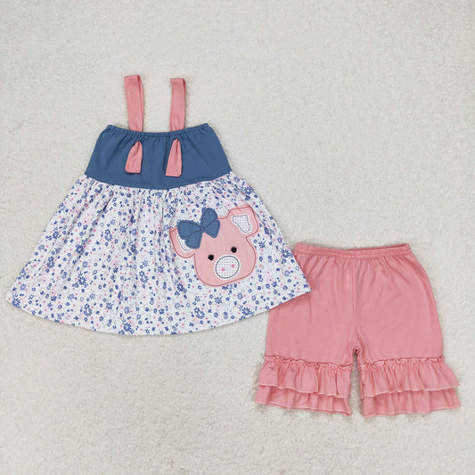 Baby Girls Pink Straps Pig Tunic Top Ruffle Shorts Outfits Sets
