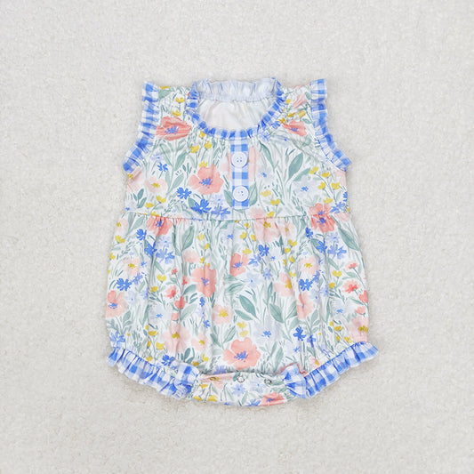 Baby Girls Blue Flowers Ruffle Sleeveless Rompers