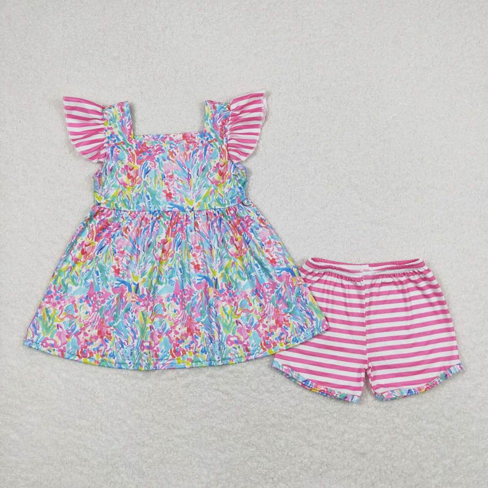 Baby Girls Pink Water Flowers Flutter Sleeve Tunic Top Shorts Clothes Sets
