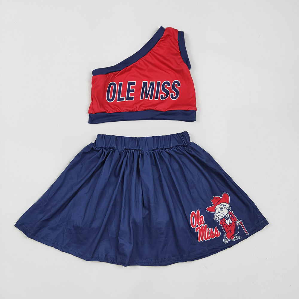 Baby Girls Ole Miss Team One Shoulder Top Skirt Clothes Sets Preorder(moq 5)
