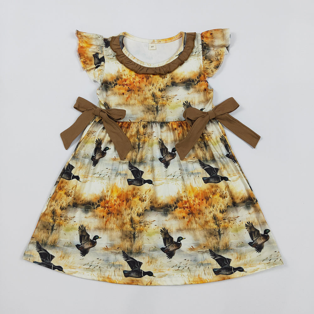 Preorder (moq 5)Baby Girls Mallard Ducks Bows Knee Length Dresses