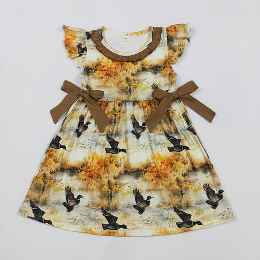 Preorder (moq 5)Baby Girls Mallard Ducks Bows Knee Length Dresses