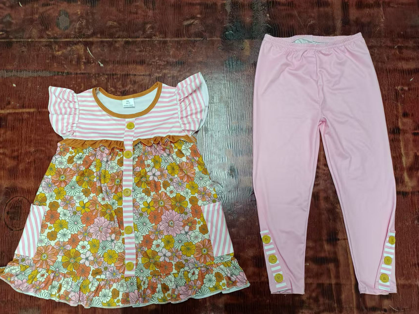 Preorder (moq 5)Baby Girls Pink Stripes Flowers Tunic Top Legging Clothes Sets