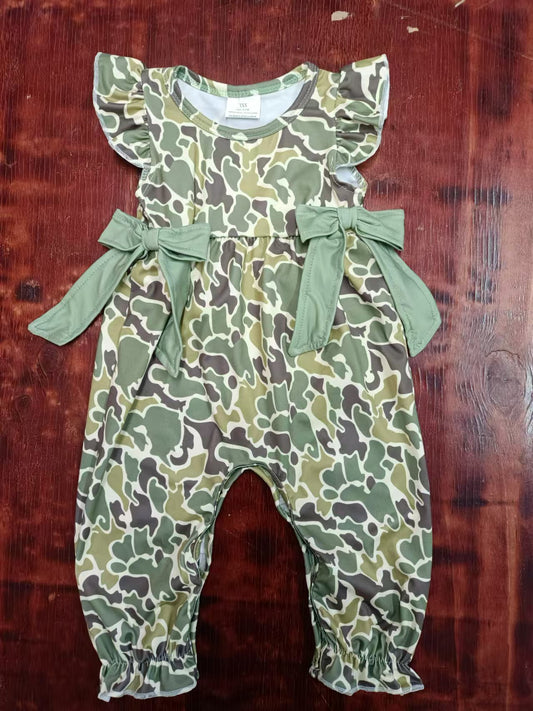 Preorder(moq 5)Baby Infant Girls Green Camo Bows Ruffles Rompers