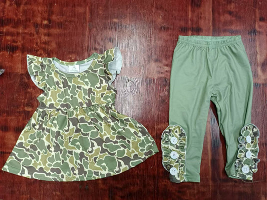 Preorder (moq 5)Baby Girls Green Camo Tunic Top Bell Pants Clothes Sets