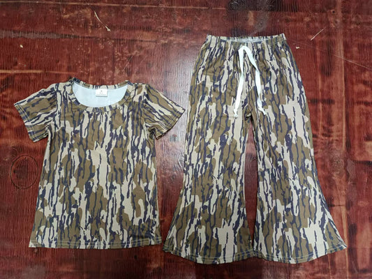 Preorder (moq 5)Baby Girls Bottomland Camo Shirt Top Bell Pants Clothes Sets